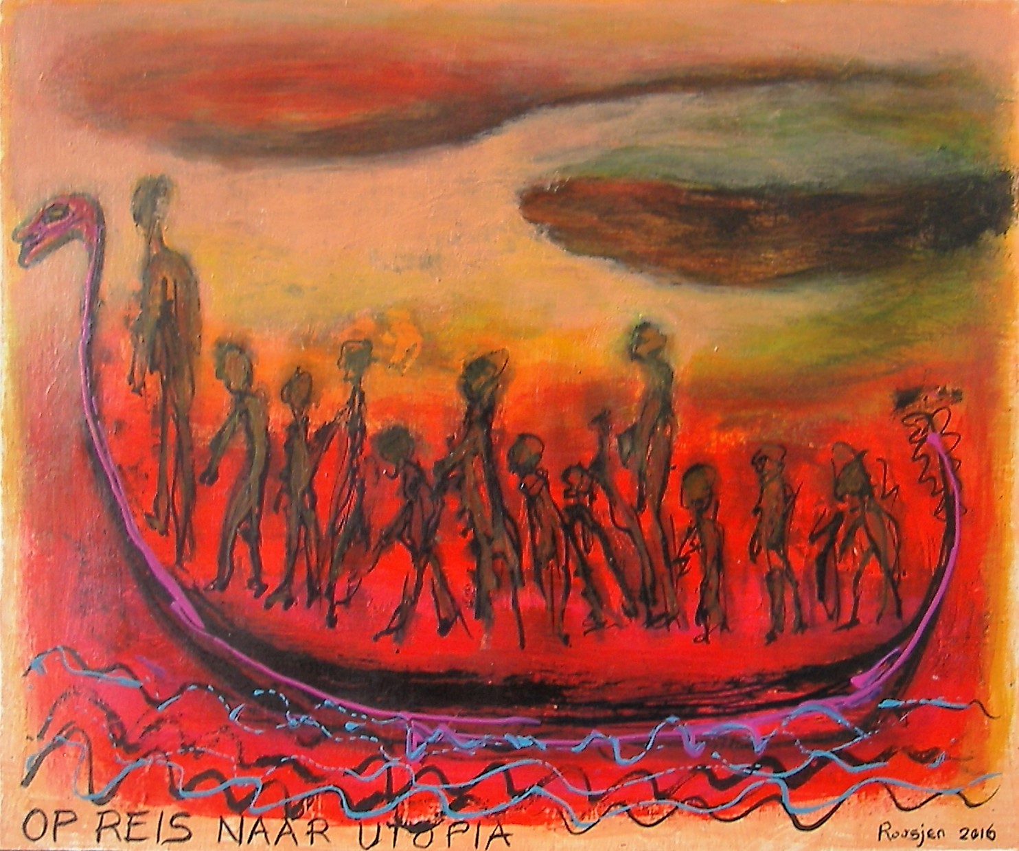 Op reis naar Utopia, acryl en olie-inkt op papier, 25x30 cm